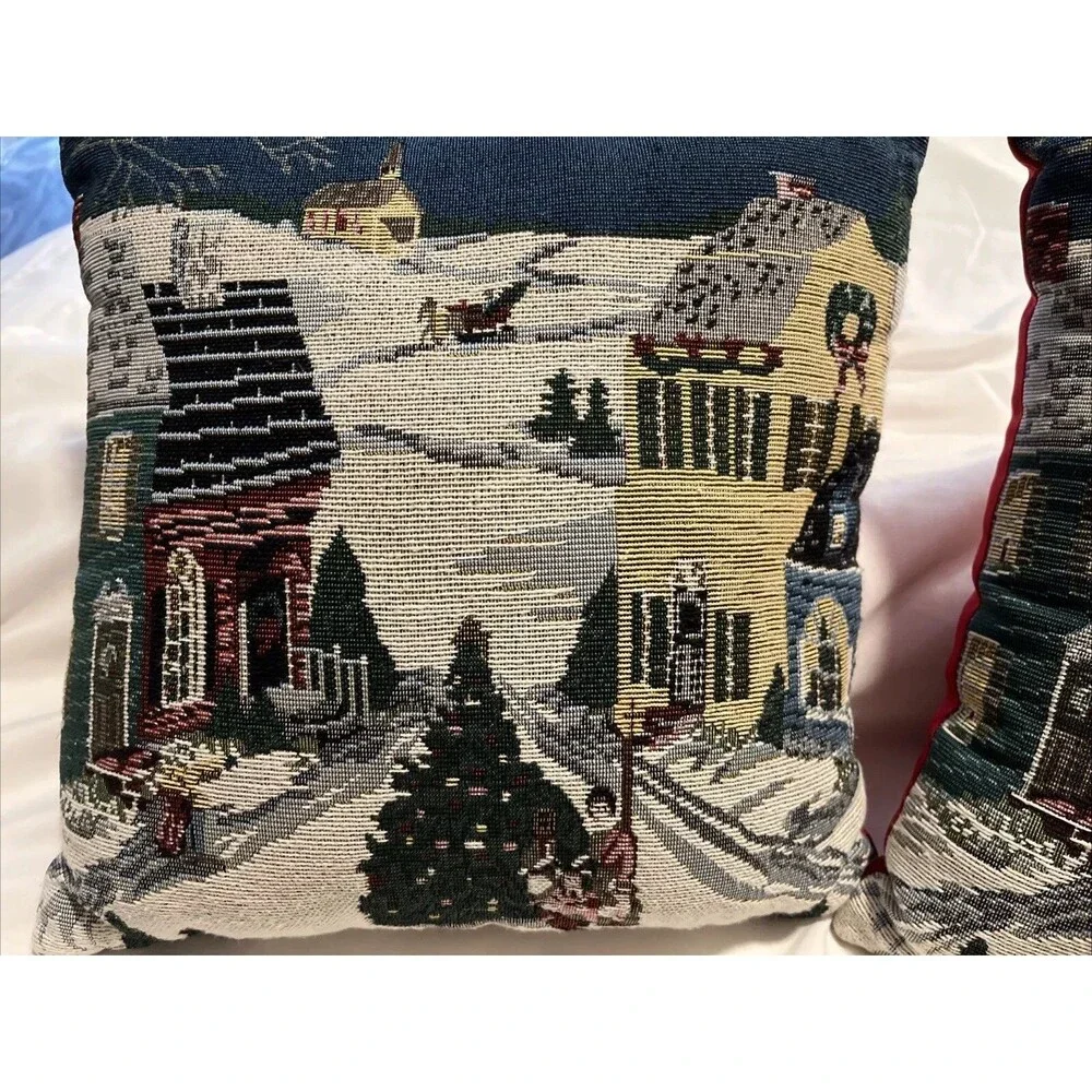 Small Town Christmas  Tapestry Square Throw Pillows 12x12”x4” (2) Vintage